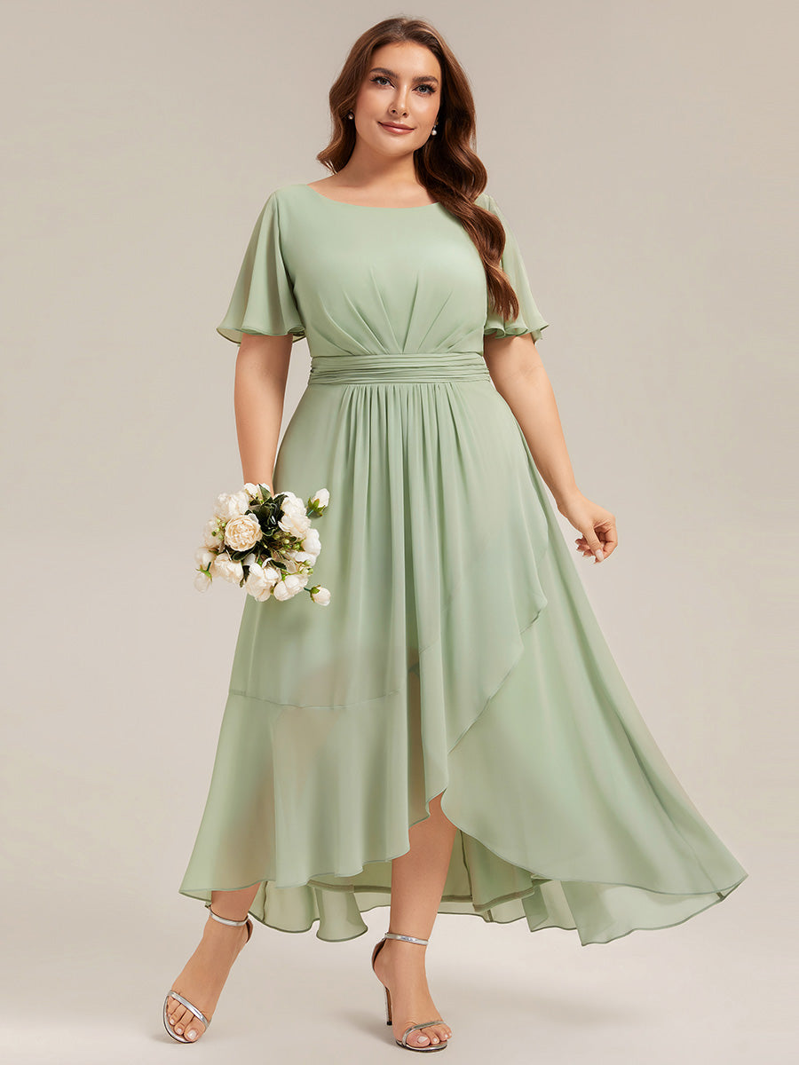 High-Low Chiffon Kleid Mit Rundhalsausschnitt Asymmetrischem Saum Gerüschten Und Rüschen Details Faltenoptik #Farbe_Mintgrün