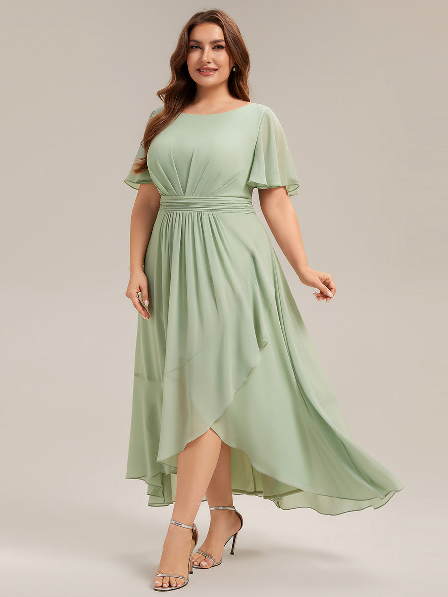 High-Low Chiffon Kleid Mit Rundhalsausschnitt Asymmetrischem Saum Gerüschten Und Rüschen Details Faltenoptik #Farbe_Mintgrün