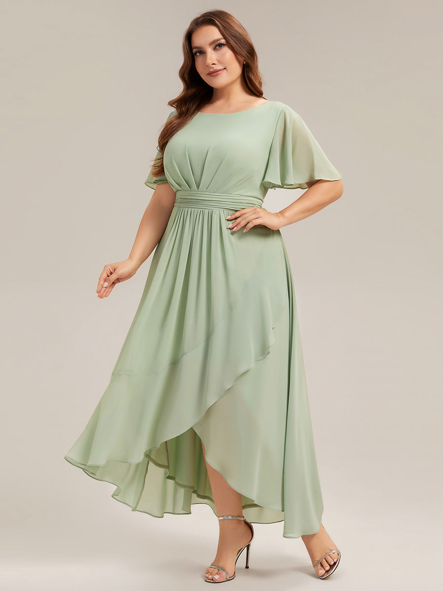 High-Low Chiffon Kleid Mit Rundhalsausschnitt Asymmetrischem Saum Gerüschten Und Rüschen Details Faltenoptik #Farbe_Mintgrün