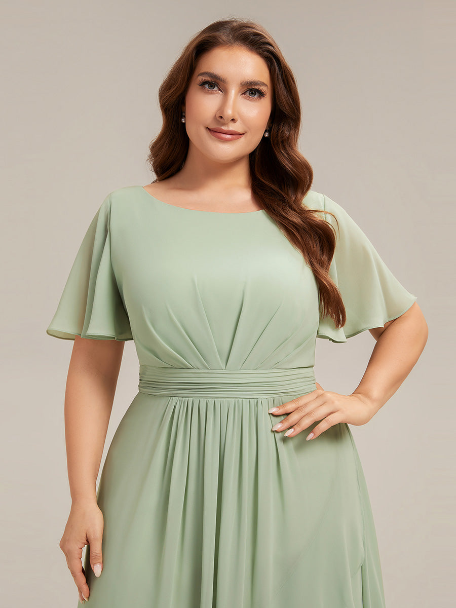 High-Low Chiffon Kleid Mit Rundhalsausschnitt Asymmetrischem Saum Gerüschten Und Rüschen Details Faltenoptik #Farbe_Mintgrün