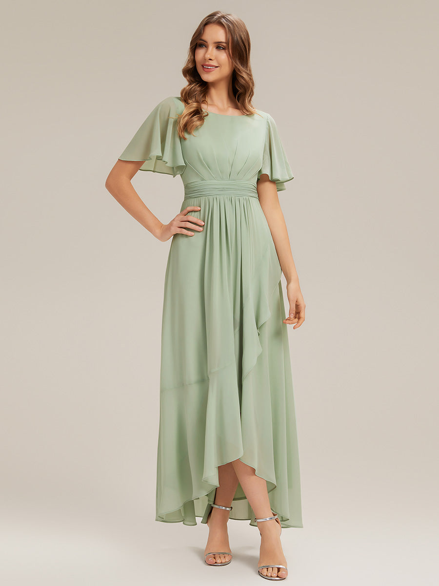 High-Low Chiffon Kleid Mit Rundhalsausschnitt Asymmetrischem Saum Gerüschten Und Rüschen Details Faltenoptik #Farbe_Mintgrün