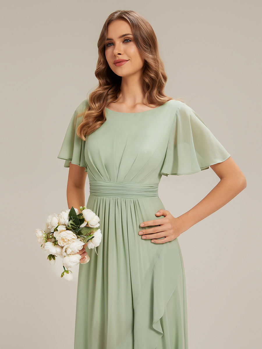 High-Low Chiffon Kleid Mit Rundhalsausschnitt Asymmetrischem Saum Gerüschten Und Rüschen Details Faltenoptik #Farbe_Mintgrün