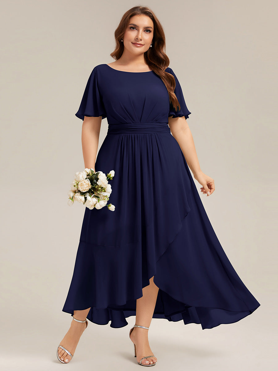 High-Low Chiffon Kleid Mit Rundhalsausschnitt Asymmetrischem Saum Gerüschten Und Rüschen Details Faltenoptik #Farbe_Marineblau