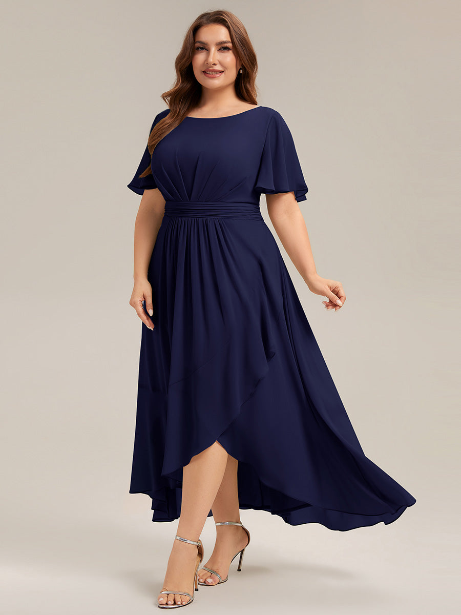 High-Low Chiffon Kleid Mit Rundhalsausschnitt Asymmetrischem Saum Gerüschten Und Rüschen Details Faltenoptik #Farbe_Marineblau
