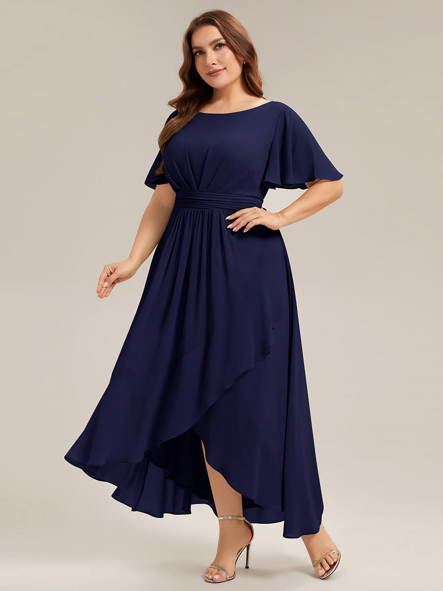 High-Low Chiffon Kleid Mit Rundhalsausschnitt Asymmetrischem Saum Gerüschten Und Rüschen Details Faltenoptik #Farbe_Marineblau