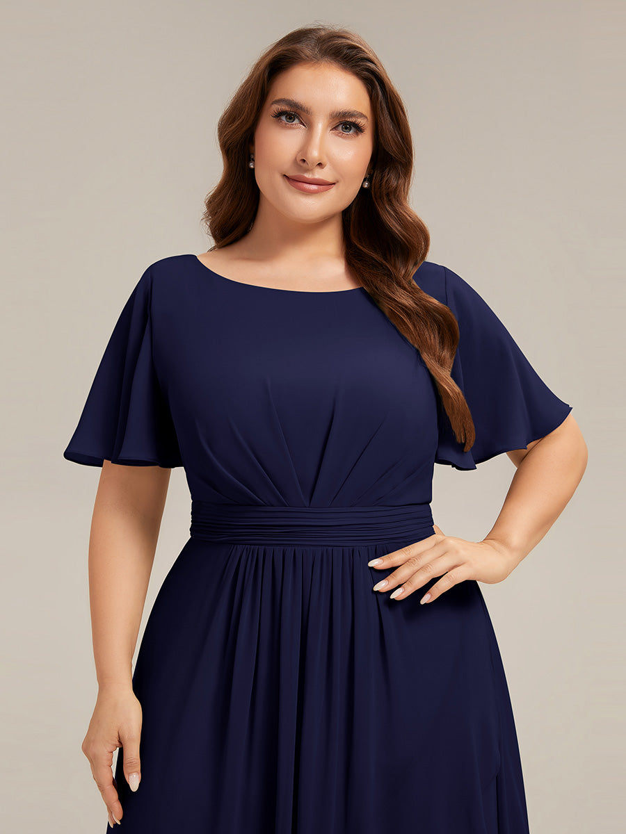 High-Low Chiffon Kleid Mit Rundhalsausschnitt Asymmetrischem Saum Gerüschten Und Rüschen Details Faltenoptik #Farbe_Marineblau