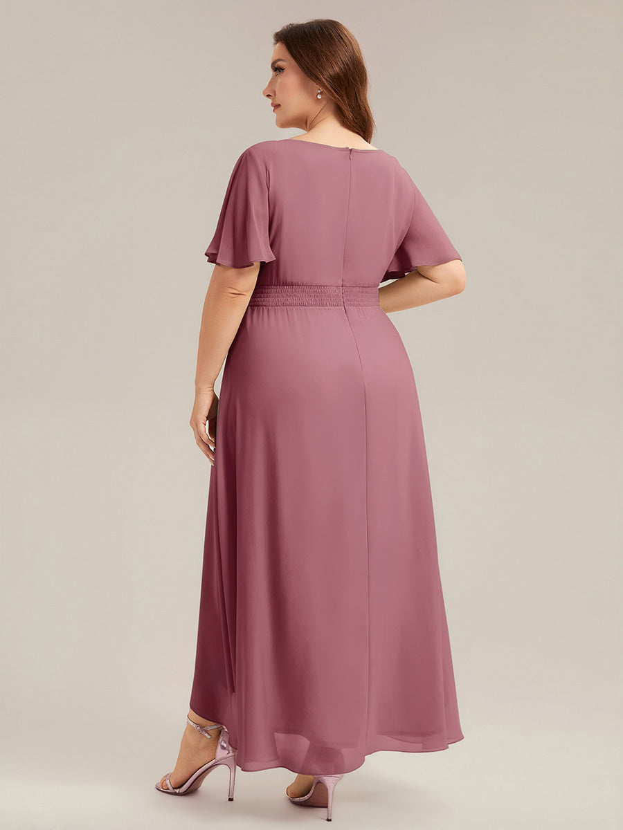 High-Low Chiffon Kleid Mit Rundhalsausschnitt Asymmetrischem Saum Gerüschten Und Rüschen Details Faltenoptik #Farbe_Orchideenviolett