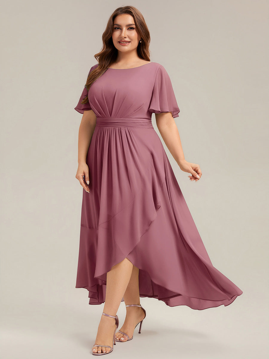 High-Low Chiffon Kleid Mit Rundhalsausschnitt Asymmetrischem Saum Gerüschten Und Rüschen Details Faltenoptik #Farbe_Orchideenviolett