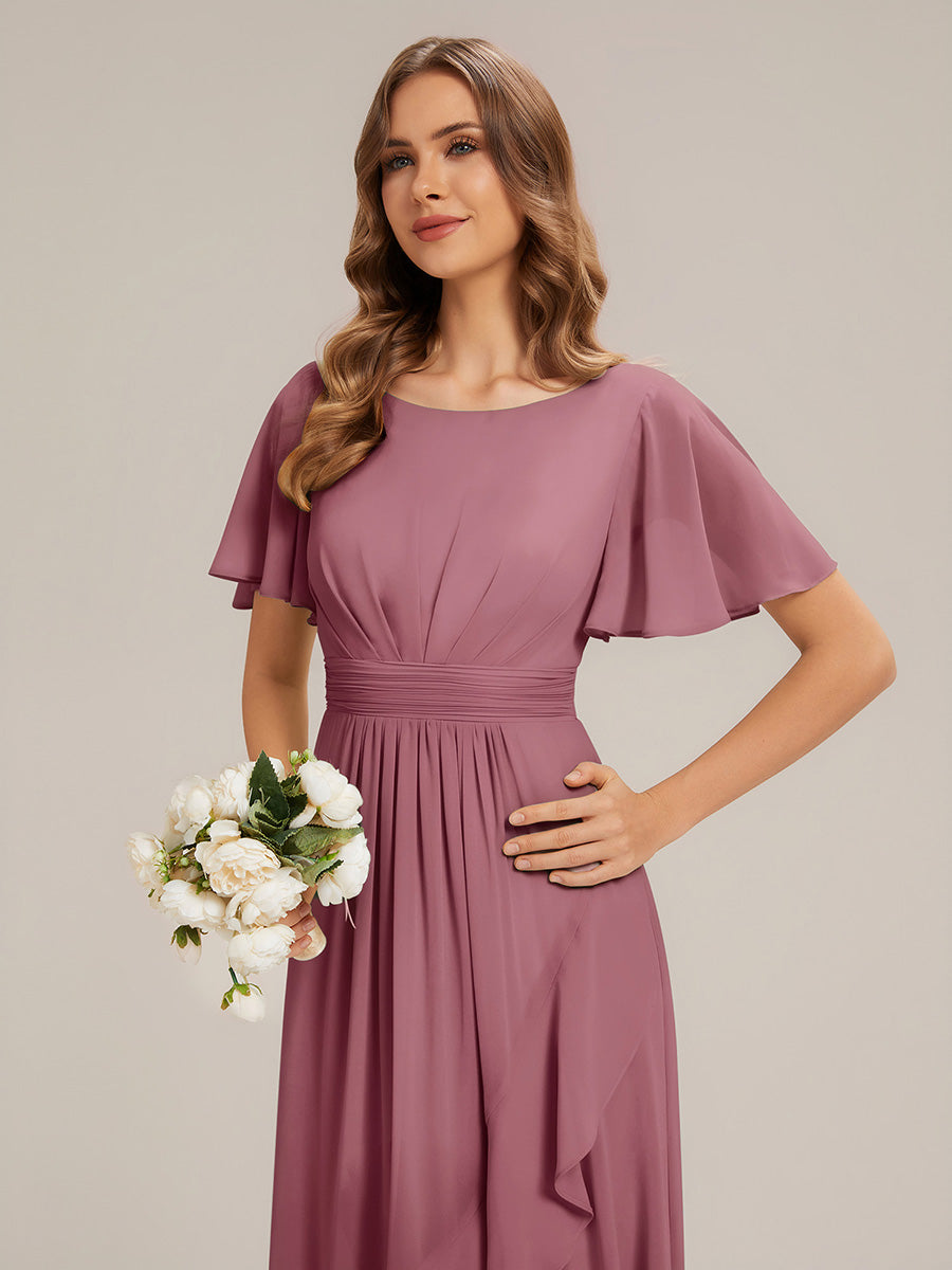 High-Low Chiffon Kleid Mit Rundhalsausschnitt Asymmetrischem Saum Gerüschten Und Rüschen Details Faltenoptik #Farbe_Orchideenviolett