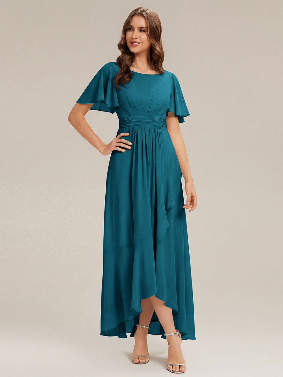 High-Low Chiffon Kleid Mit Rundhalsausschnitt Asymmetrischem Saum Gerüschten Und Rüschen Details Faltenoptik #Farbe_Petrol