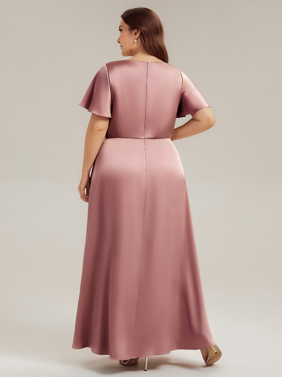 Maxi V-Ausschnitt A-Linie Satin Kleid Mit Raffungen #Farbe_Orchideenviolett
