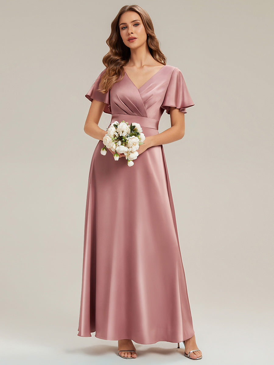 Maxi V-Ausschnitt A-Linie Satin Kleid Mit Raffungen #Farbe_Orchideenviolett