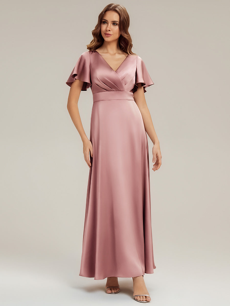 Maxi V-Ausschnitt A-Linie Satin Kleid Mit Raffungen #Farbe_Orchideenviolett