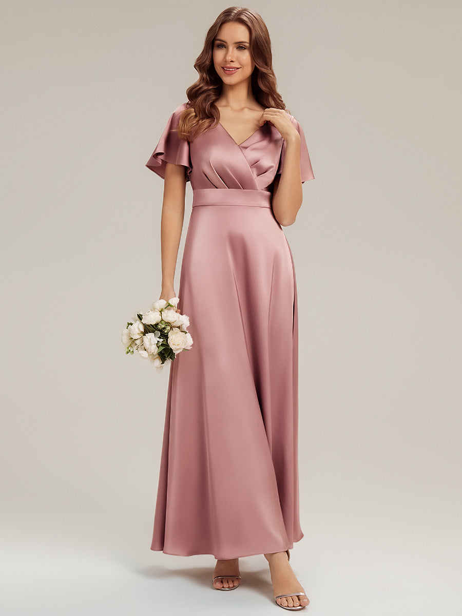 Maxi V-Ausschnitt A-Linie Satin Kleid Mit Raffungen #Farbe_Orchideenviolett