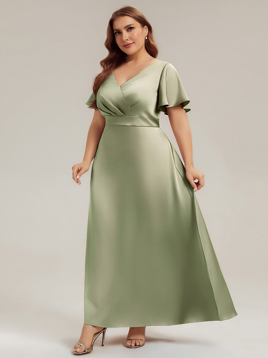Maxi V-Ausschnitt A-Linie Satin Kleid Mit Raffungen #Farbe_Salbeigrün