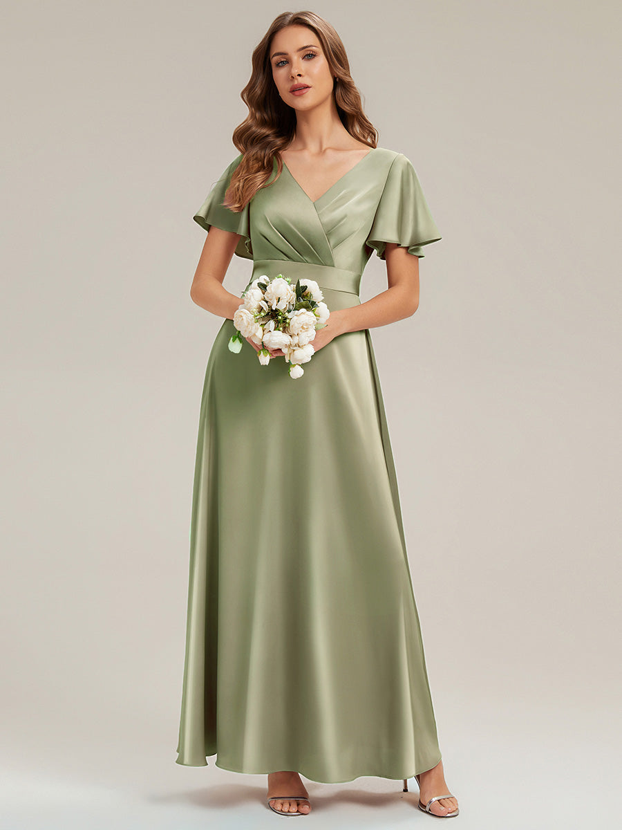 Maxi V-Ausschnitt A-Linie Satin Kleid Mit Raffungen #Farbe_Salbeigrün