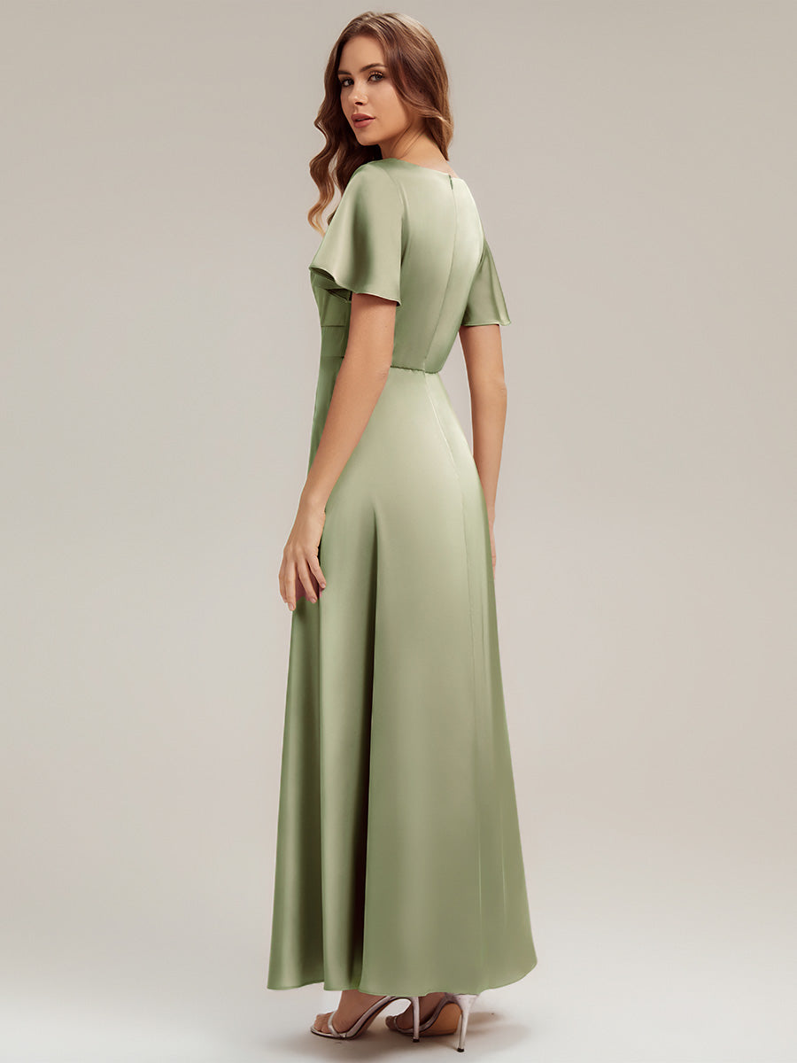 Maxi V-Ausschnitt A-Linie Satin Kleid Mit Raffungen #Farbe_Salbeigrün