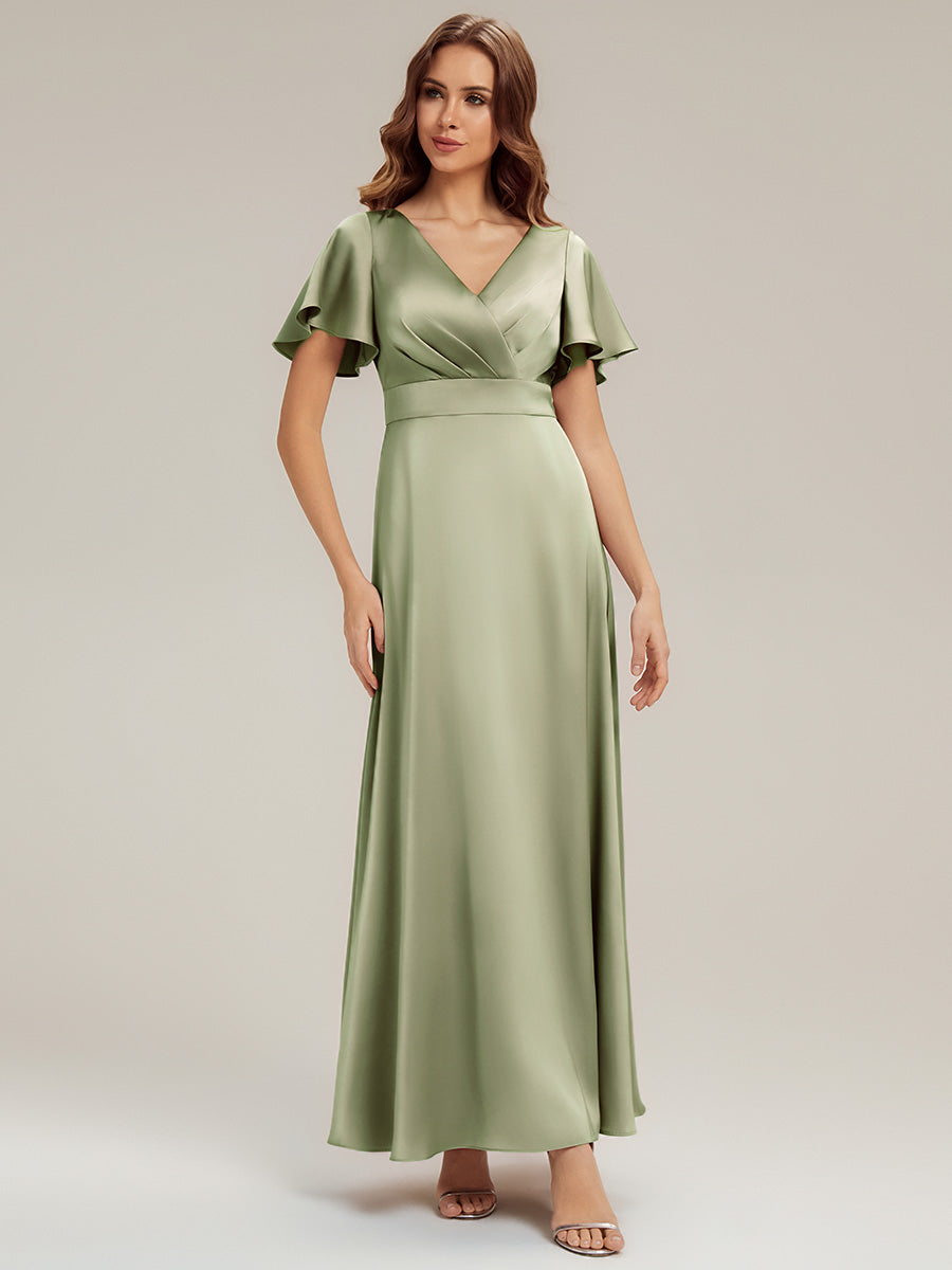 Maxi V-Ausschnitt A-Linie Satin Kleid Mit Raffungen #Farbe_Salbeigrün