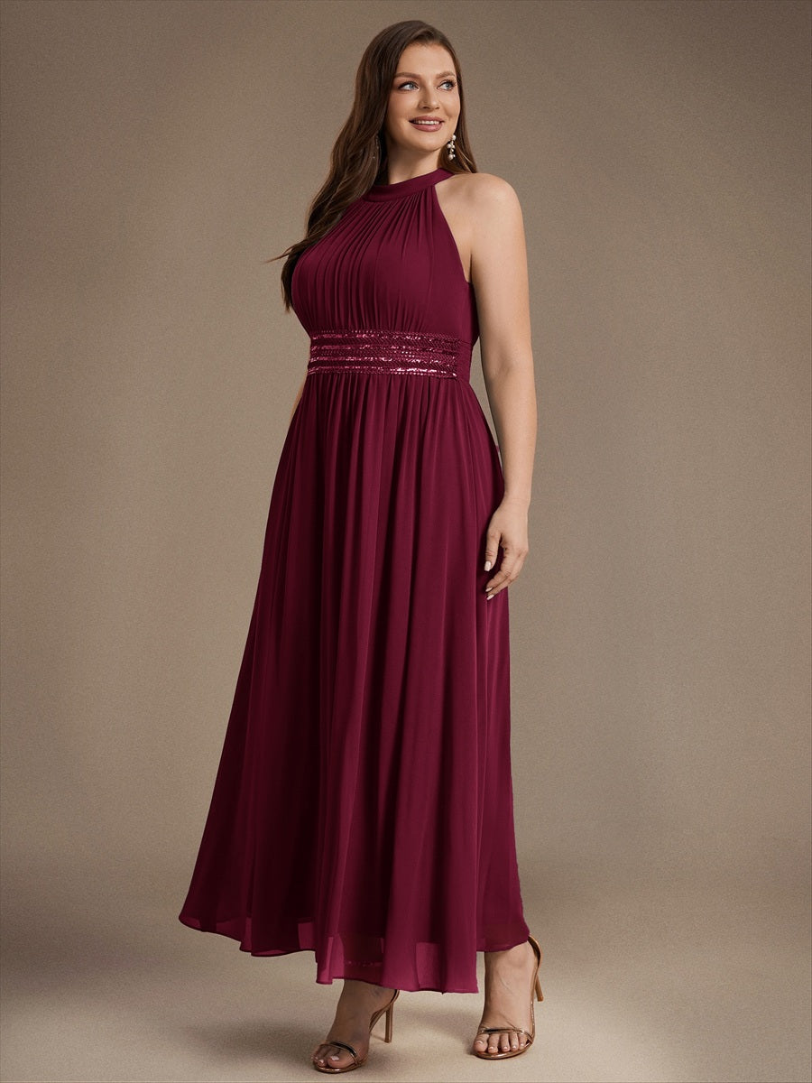 Maxilänge Halternacken Ausschnitt A-Linien Kleid Aus Chiffon Mit Corsage Für Elegante Anlässe Kleid #Farbe_Burgunderrot