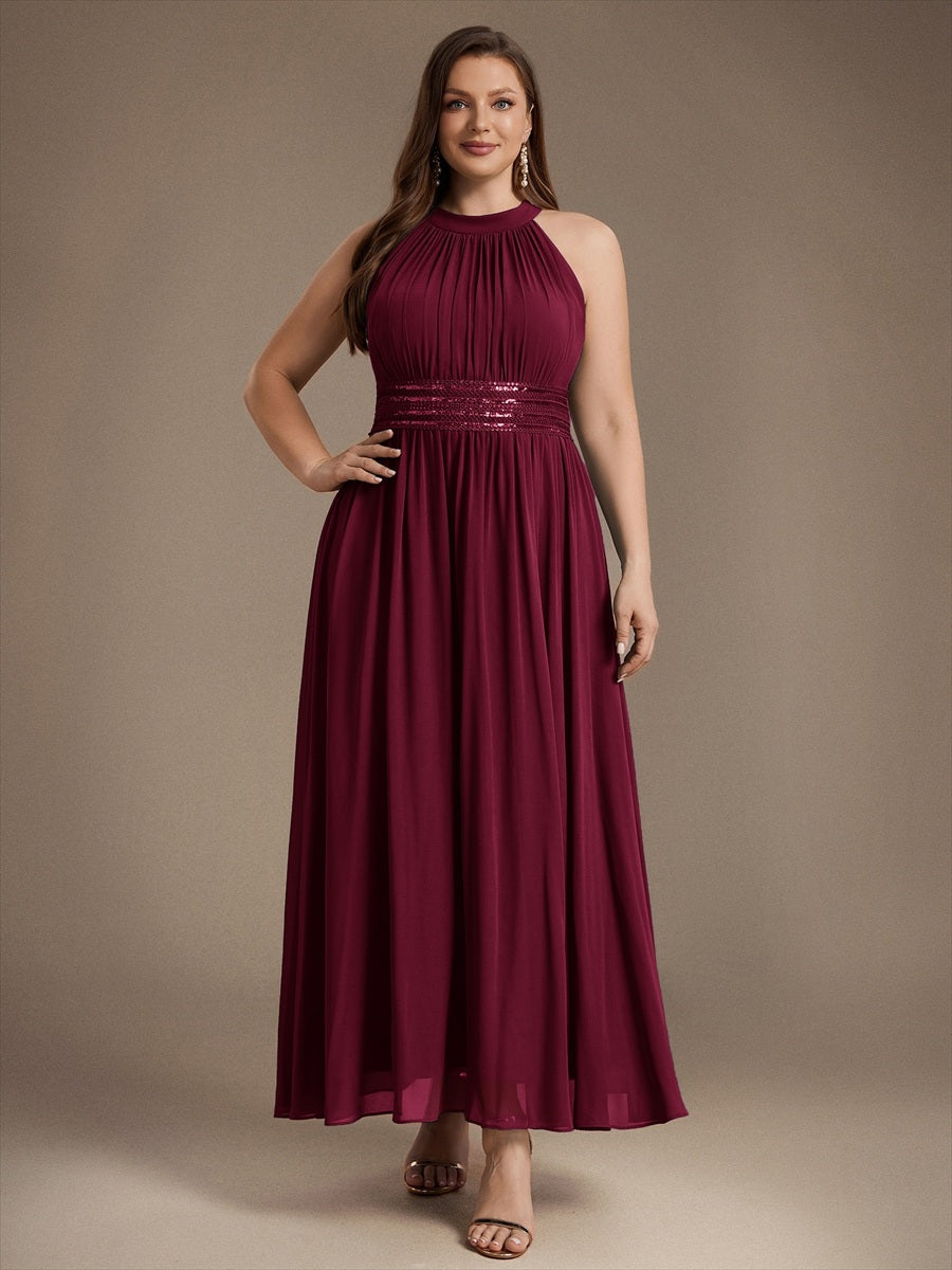 Maxilänge Halternacken Ausschnitt A-Linien Kleid Aus Chiffon Mit Corsage Für Elegante Anlässe Kleid #Farbe_Burgunderrot