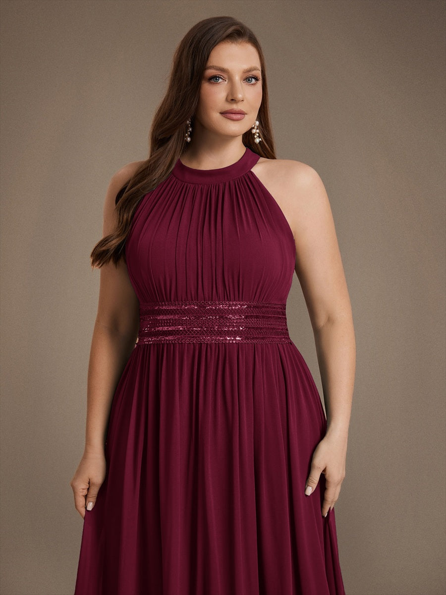 Maxilänge Halternacken Ausschnitt A-Linien Kleid Aus Chiffon Mit Corsage Für Elegante Anlässe Kleid #Farbe_Burgunderrot