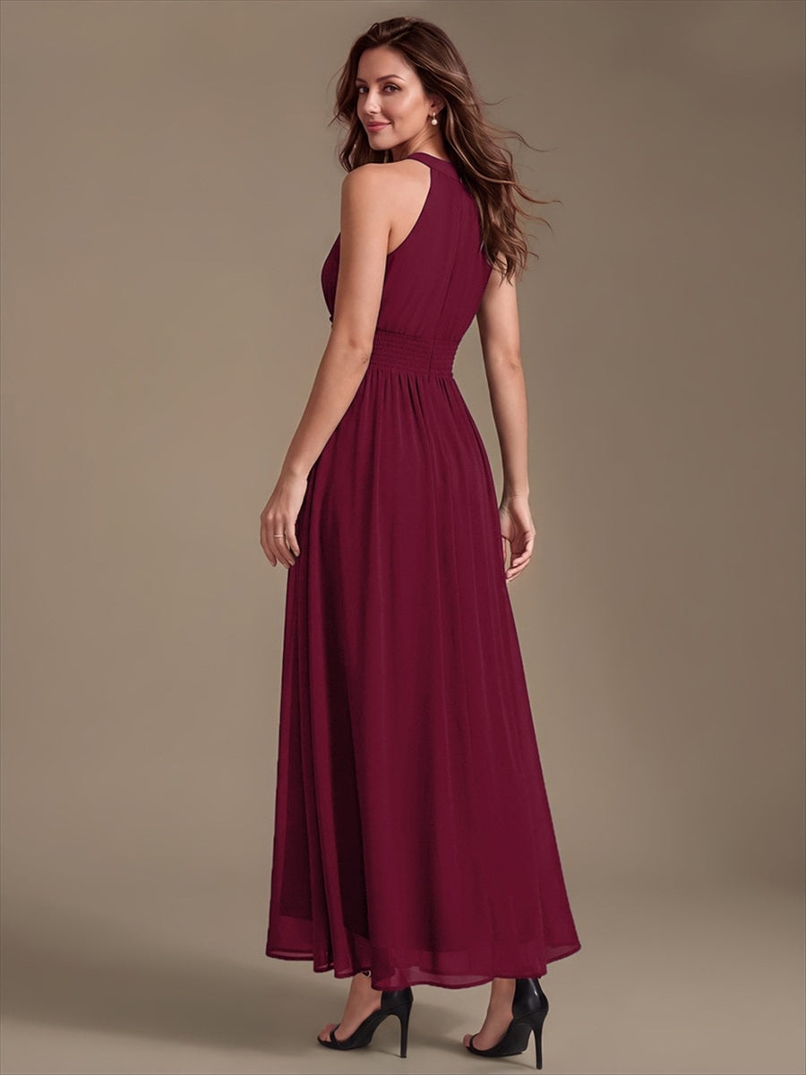 Maxilänge Halternacken Ausschnitt A-Linien Kleid Aus Chiffon Mit Corsage Für Elegante Anlässe Kleid #Farbe_Burgunderrot