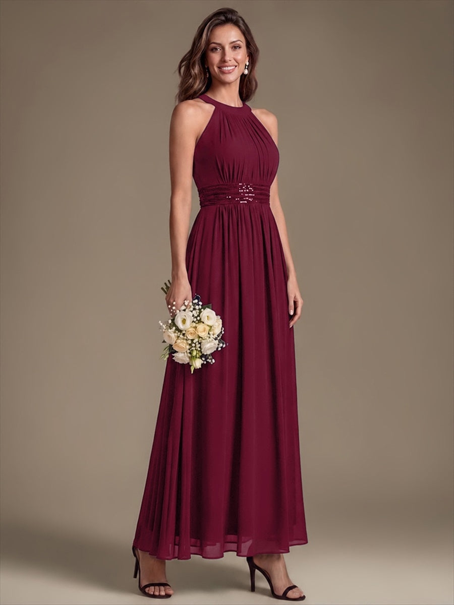 Maxilänge Halternacken Ausschnitt A-Linien Kleid Aus Chiffon Mit Corsage Für Elegante Anlässe Kleid #Farbe_Burgunderrot