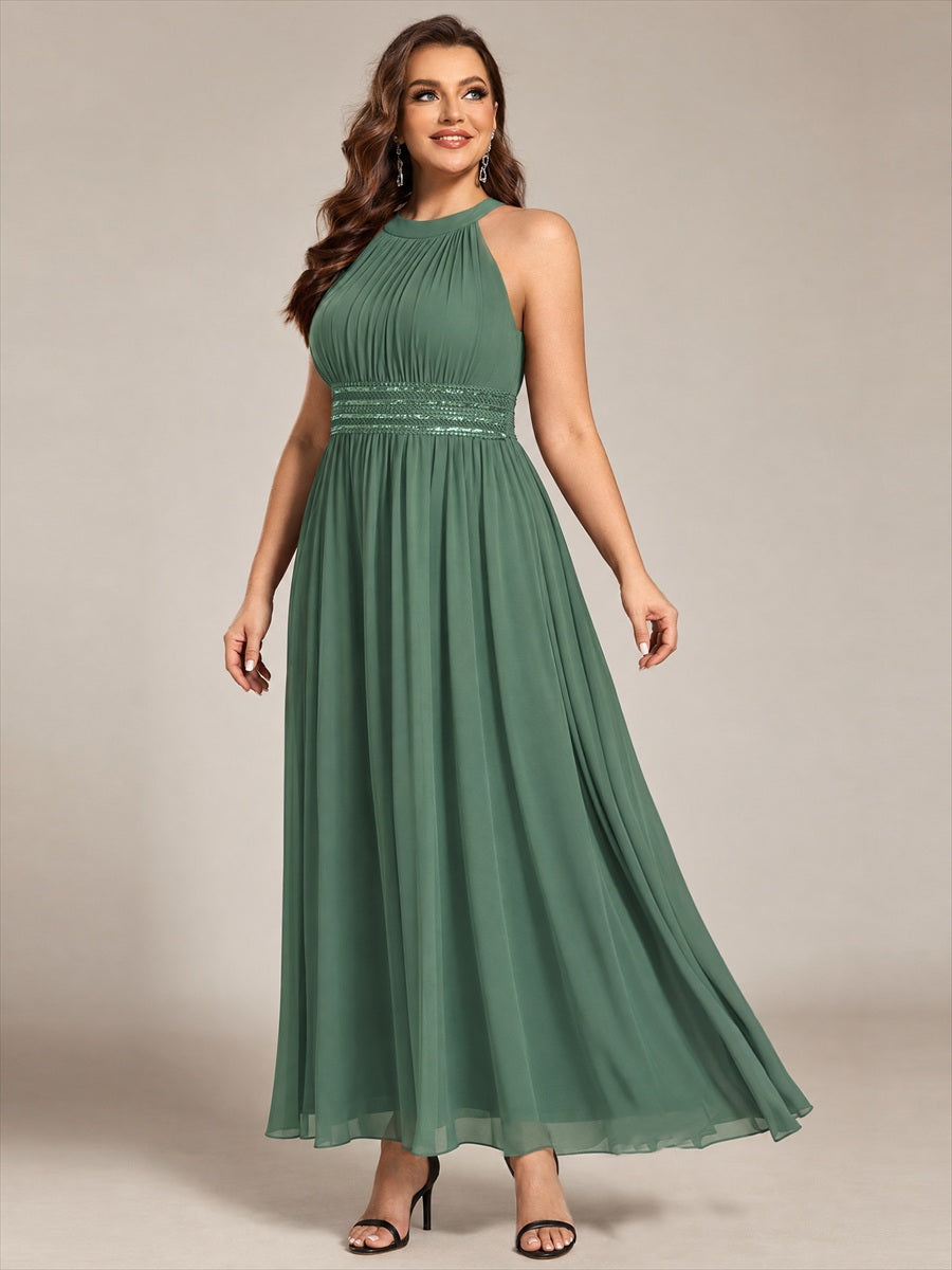 Maxilänge Halternacken Ausschnitt A-Linien Kleid Aus Chiffon Mit Corsage Für Elegante Anlässe Kleid #Farbe_Eukalyptus
