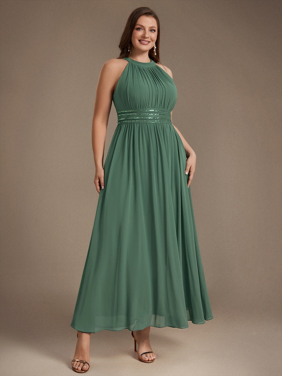 Maxilänge Halternacken Ausschnitt A-Linien Kleid Aus Chiffon Mit Corsage Für Elegante Anlässe Kleid #Farbe_Eukalyptus