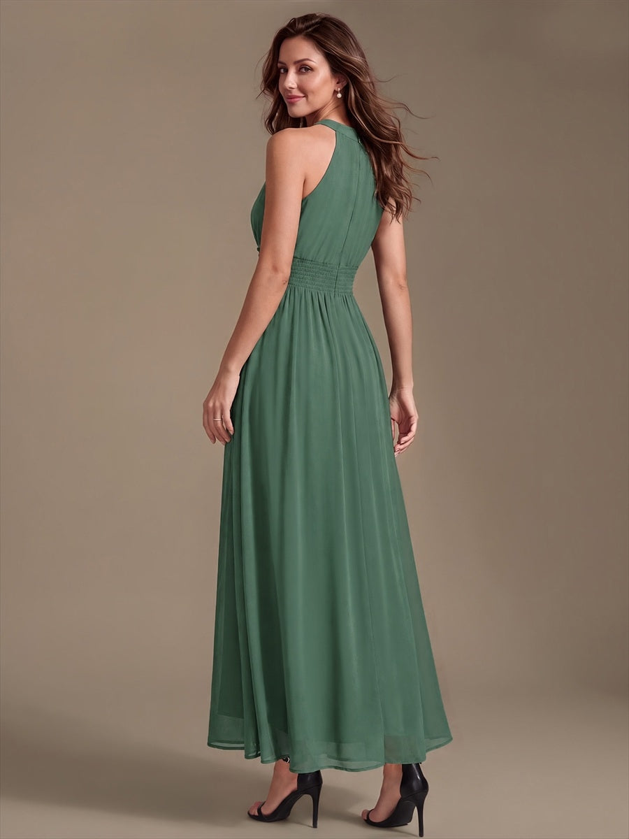 Maxilänge Halternacken Ausschnitt A-Linien Kleid Aus Chiffon Mit Corsage Für Elegante Anlässe Kleid #Farbe_Eukalyptus