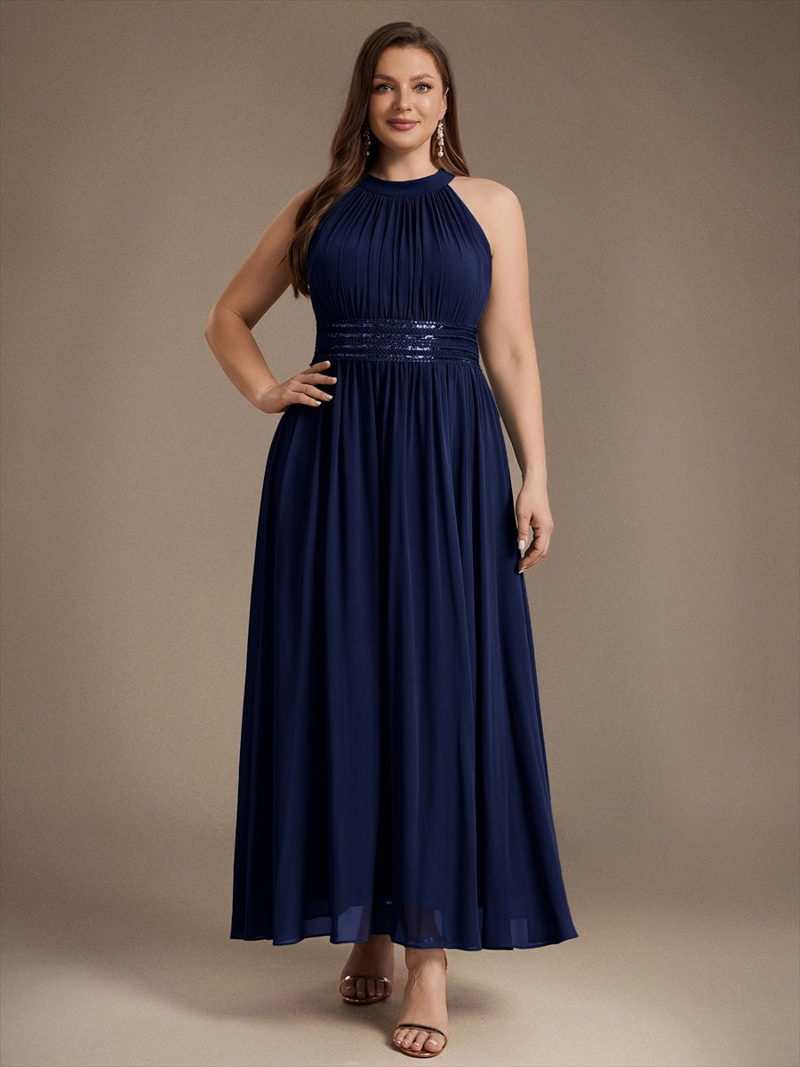Maxilänge Halternacken Ausschnitt A-Linien Kleid Aus Chiffon Mit Corsage Für Elegante Anlässe Kleid #Farbe_Marineblau