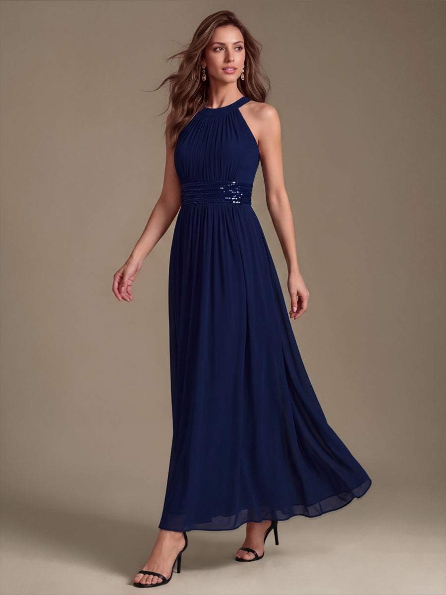 Maxilänge Halternacken Ausschnitt A-Linien Kleid Aus Chiffon Mit Corsage Für Elegante Anlässe Kleid #Farbe_Marineblau