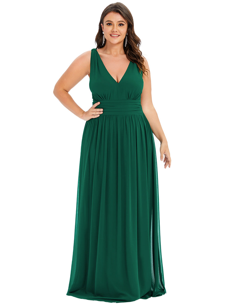 Damen V-Ausschnitt Lange Chiffon Abendkleider Festkleider 09016 #farbe_Dunkelgrün