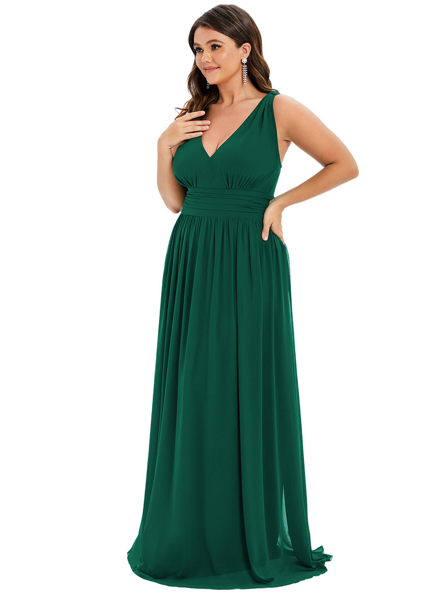 Damen V-Ausschnitt Lange Chiffon Abendkleider Festkleider 09016 #farbe_Dunkelgrün