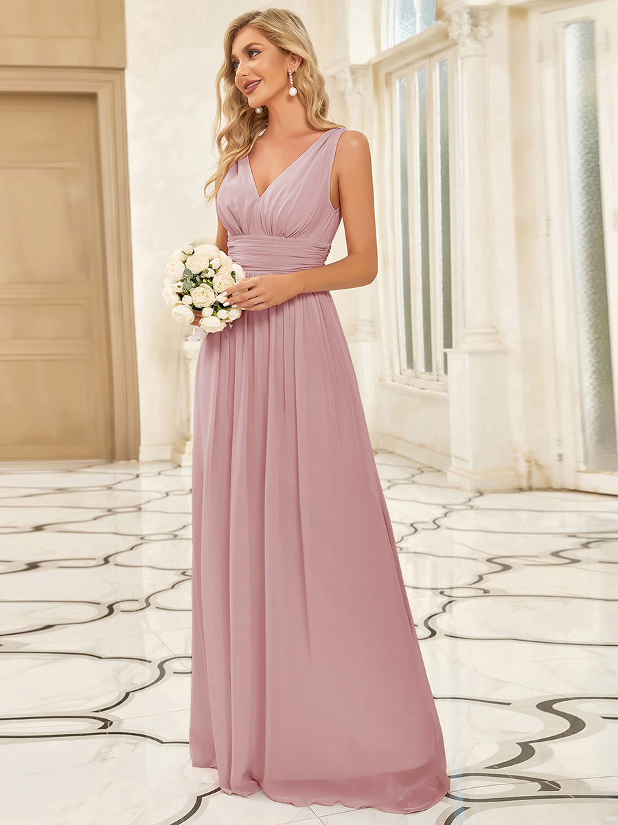 Damen V-Ausschnitt Lange Chiffon Abendkleider Festkleider 09016 #farbe_Altrosa