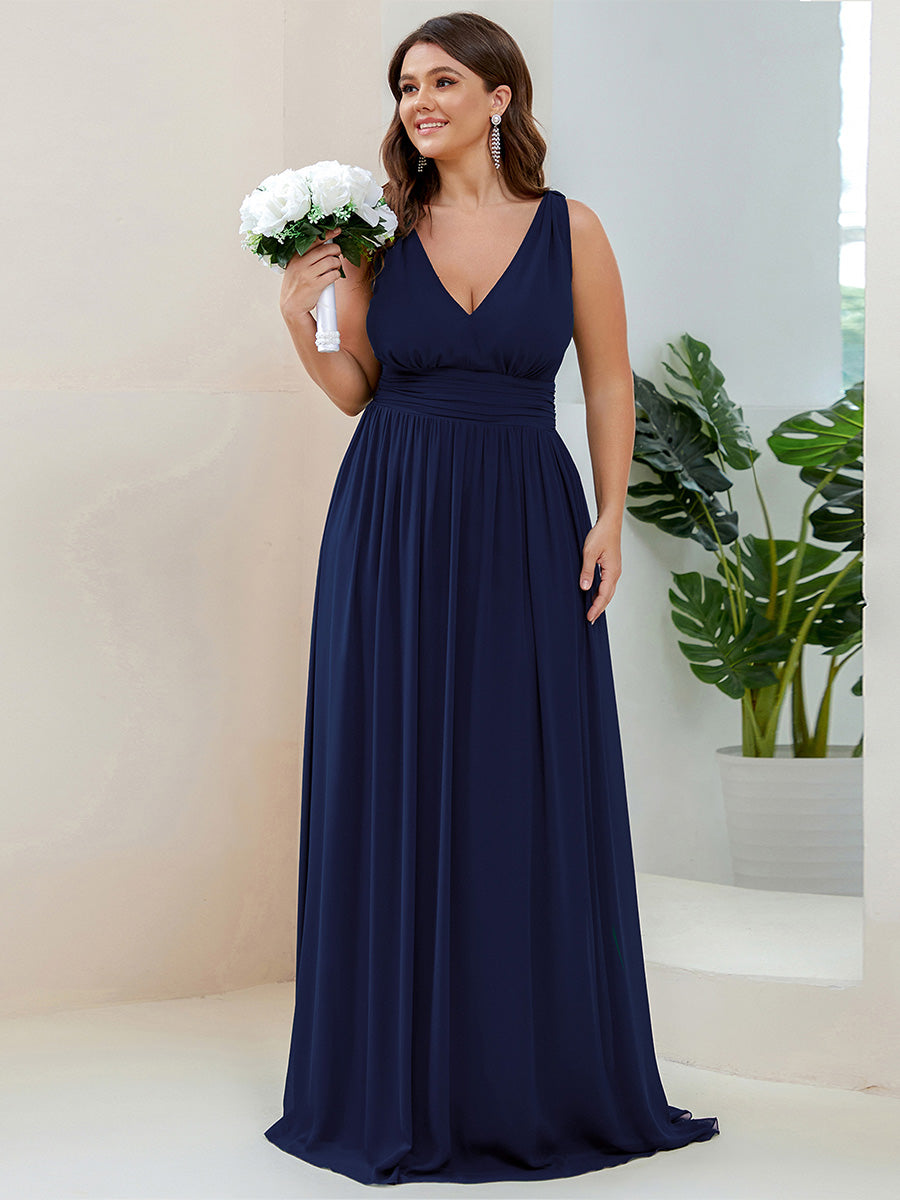Bodenlanger A-Linien Chiffon Kleid Mit Tiefem V-Ausschnitt Eleganz Kleid #Farbe_Marineblau