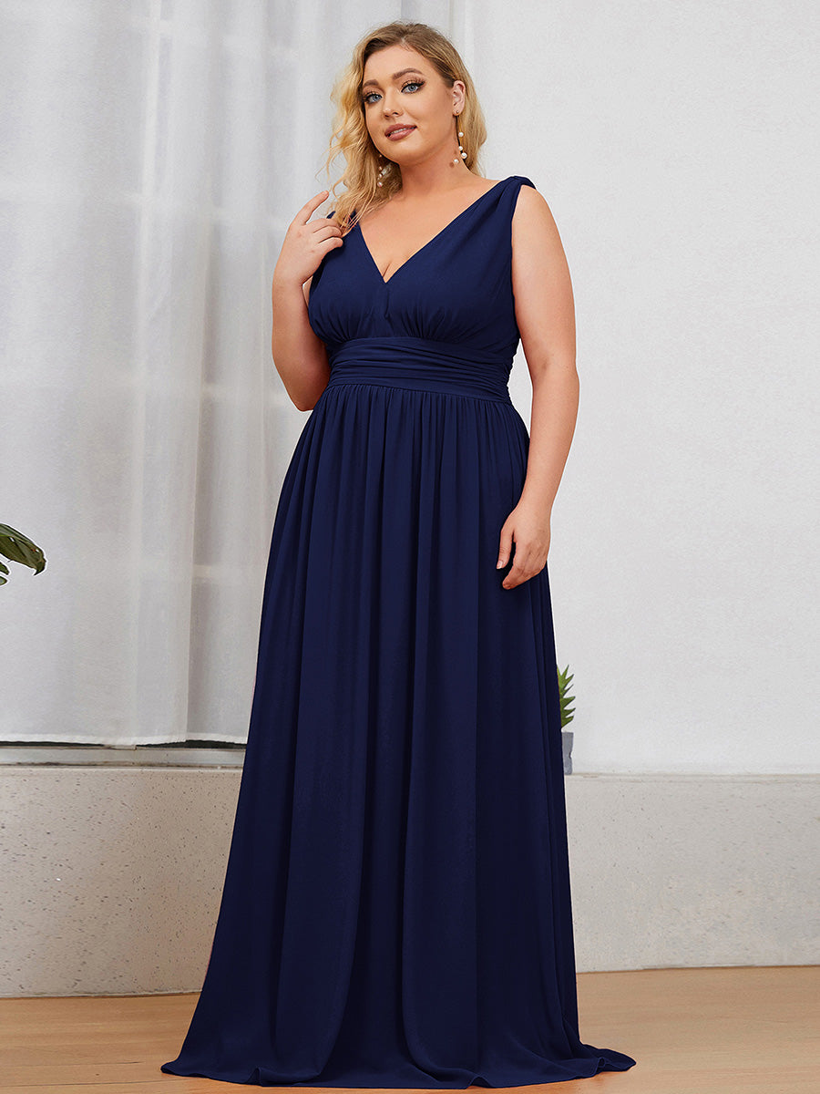 Damen V-Ausschnitt Lange Chiffon Abendkleider Festkleider 09016 #farbe_Marineblau