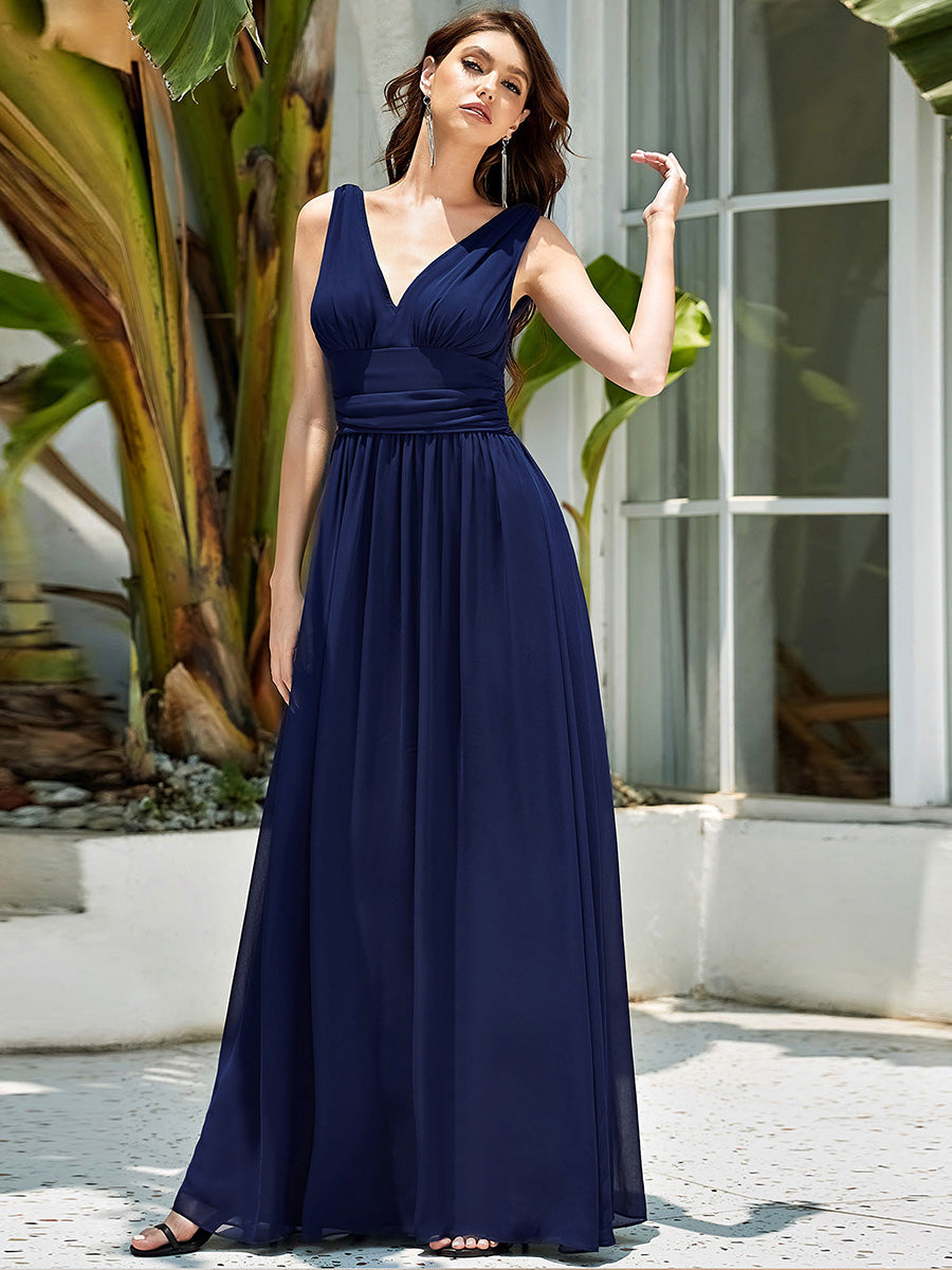 Damen V-Ausschnitt Lange Chiffon Abendkleider Festkleider 09016 #farbe_Marineblau