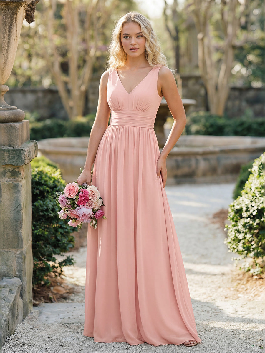 Damen V-Ausschnitt Lange Chiffon Abendkleider Festkleider 09016 #farbe_Rosa