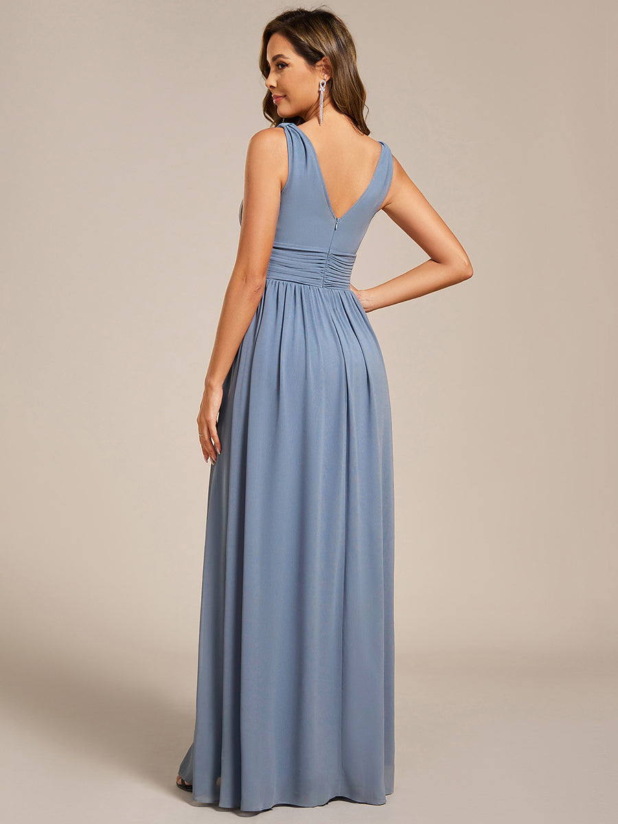 Bodenlanger A-Linien Chiffon Kleid Mit Tiefem V-Ausschnitt Eleganz Kleid #Farbe_Schieferblau