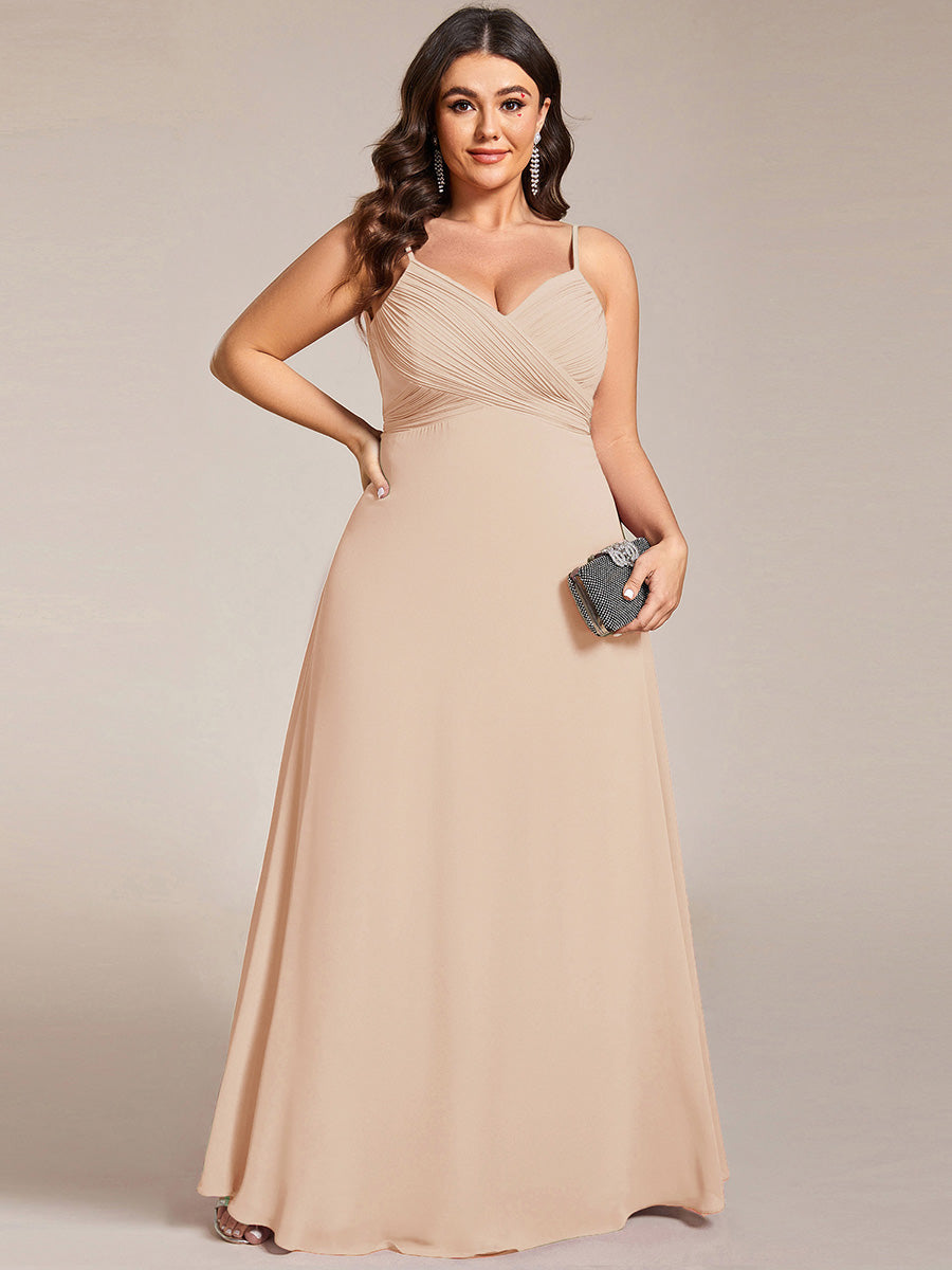 Bodenlanger V-Ausschnitt A-Linie Chiffon Kleid Plissiert Rückenfrei Eleganz Kleid #Farbe_Blush-Rosa