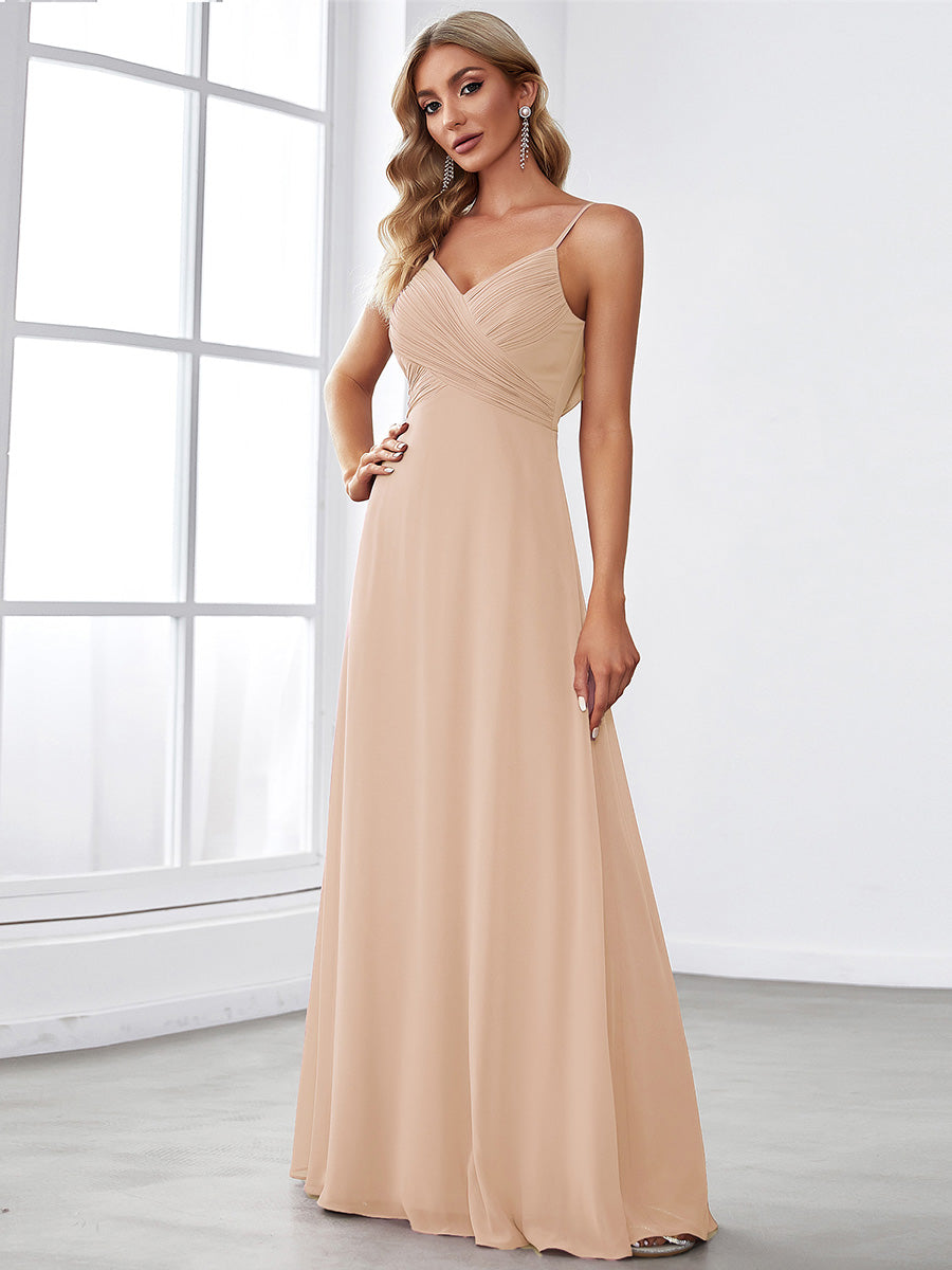 Bodenlanger V-Ausschnitt A-Linie Chiffon Kleid Plissiert Rückenfrei Eleganz Kleid #Farbe_Blush-Rosa