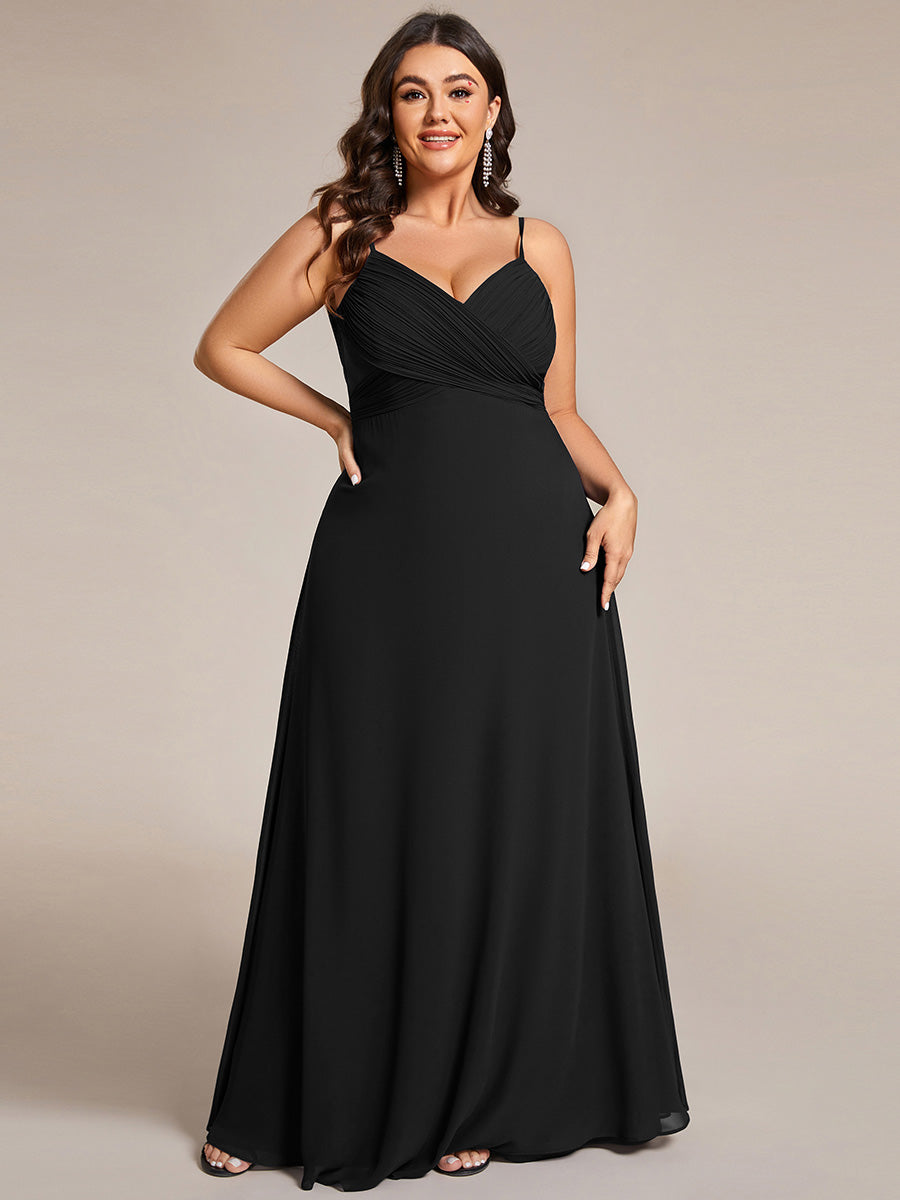 Bodenlanger V-Ausschnitt A-Linie Chiffon Kleid Plissiert Rückenfrei Eleganz Kleid #Farbe_Schwarz