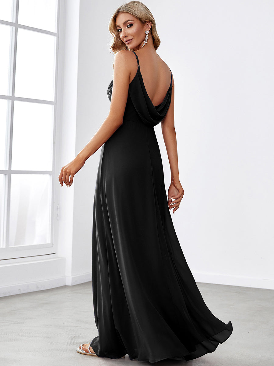 Bodenlanger V-Ausschnitt A-Linie Chiffon Kleid Plissiert Rückenfrei Eleganz Kleid #Farbe_Schwarz