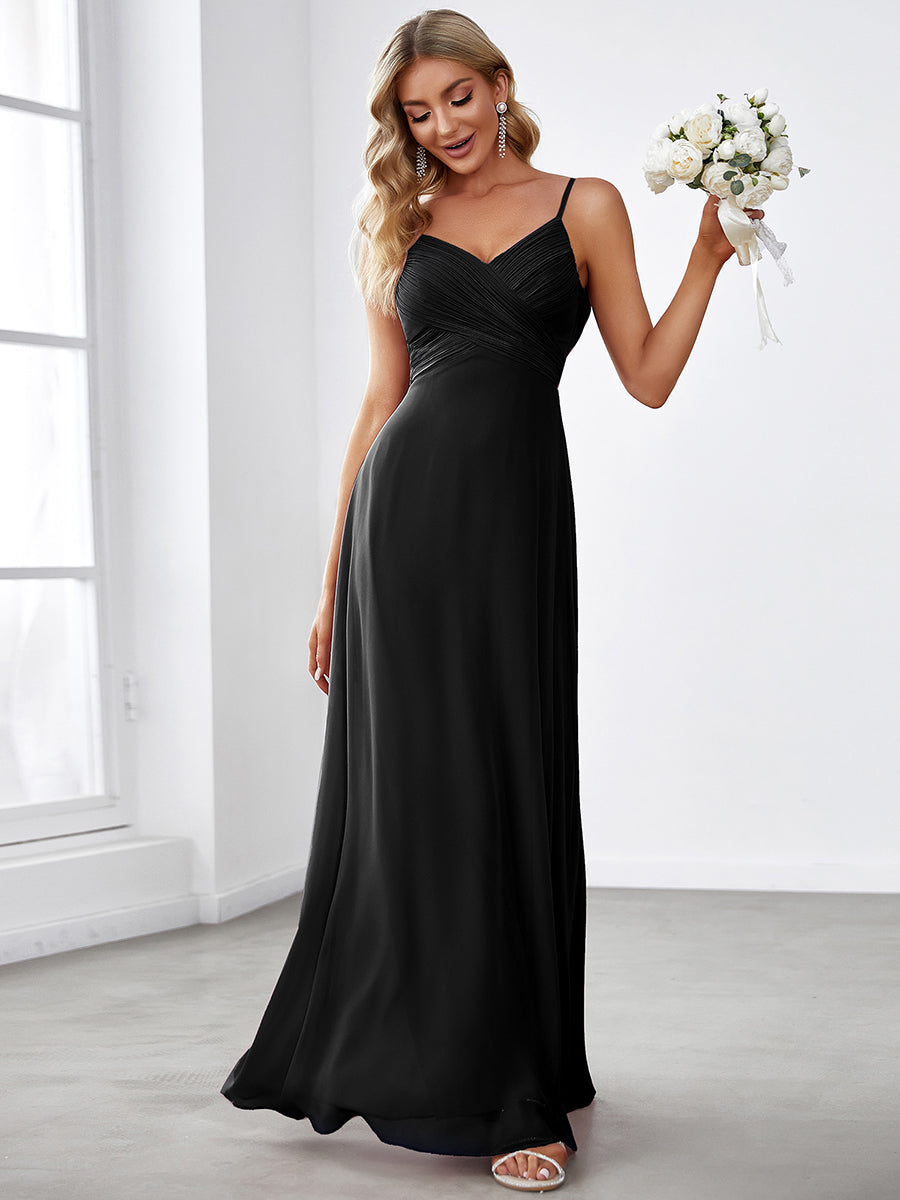 Bodenlanger V-Ausschnitt A-Linie Chiffon Kleid Plissiert Rückenfrei Eleganz Kleid #Farbe_Schwarz