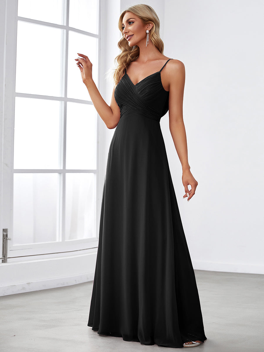 Bodenlanger V-Ausschnitt A-Linie Chiffon Kleid Plissiert Rückenfrei Eleganz Kleid #Farbe_Schwarz