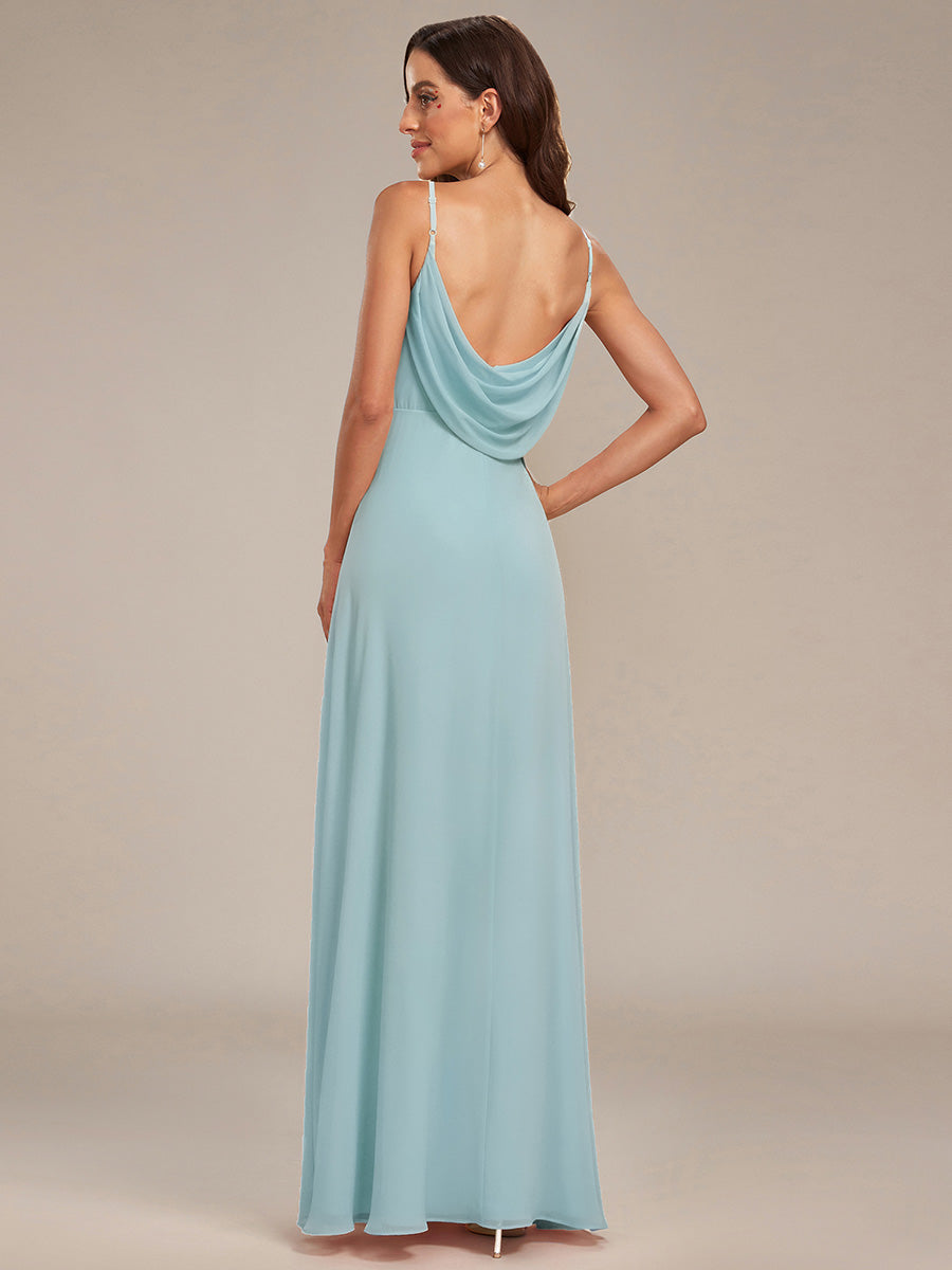 Bodenlanger V-Ausschnitt A-Linie Chiffon Kleid Plissiert Rückenfrei Eleganz Kleid #Farbe_Himmelblau