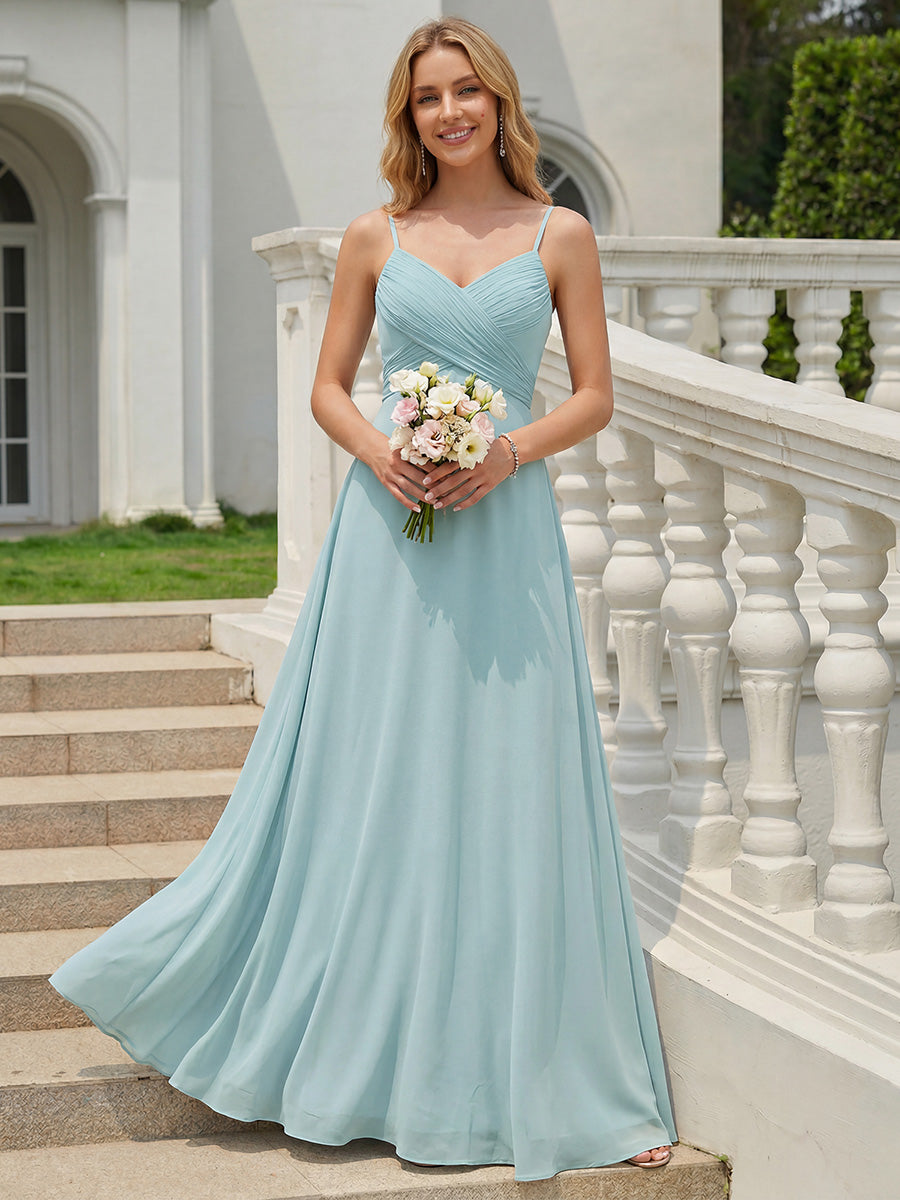 Bodenlanger V-Ausschnitt A-Linie Chiffon Kleid Plissiert Rückenfrei Eleganz Kleid #Farbe_Himmelblau