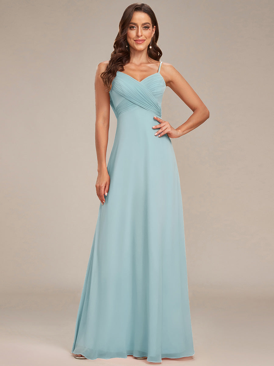 Bodenlanger V-Ausschnitt A-Linie Chiffon Kleid Plissiert Rückenfrei Eleganz Kleid #Farbe_Himmelblau