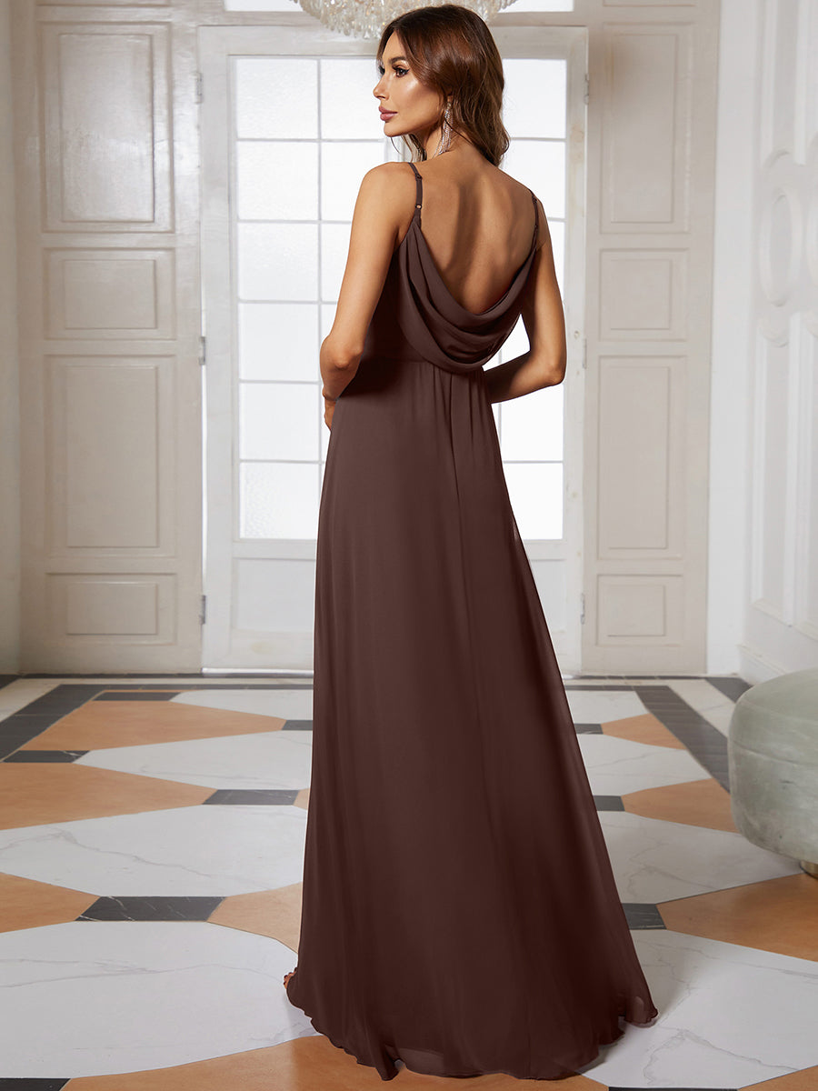 Bodenlanger V-Ausschnitt A-Linie Chiffon Kleid Plissiert Rückenfrei Eleganz Kleid #Farbe_CD